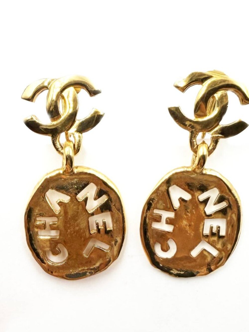 Chanel Vintage Gold Plated CC Cut out Dog Tag Clip on Earrings
